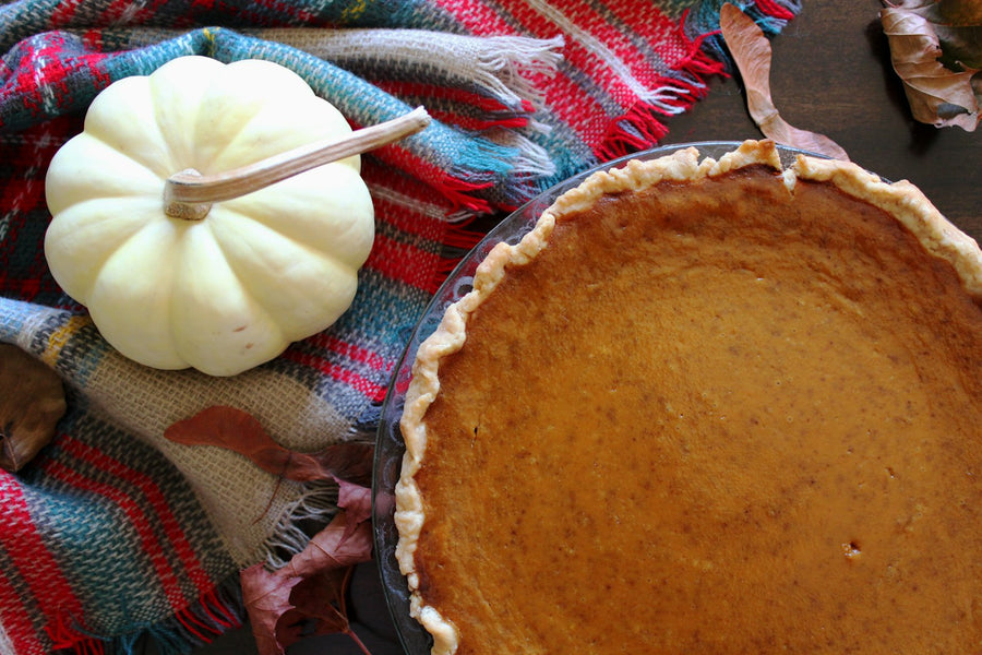 Pumpkin pie with a white pumpkin on a plaid blanket